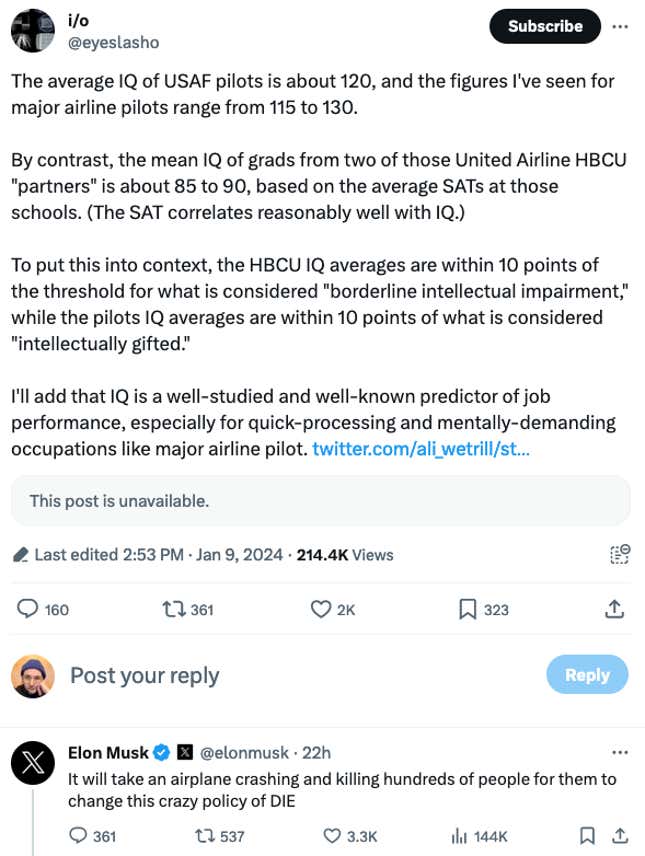 Bild für Artikel mit dem Titel Elon Musk scheint einen Tweet zu unterstützen, der besagt, dass Studenten an schwarzen Colleges einen niedrigen IQ haben